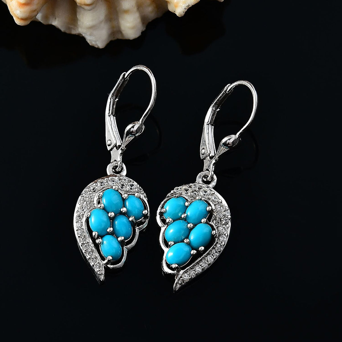 Sleeping Beauty Turquoise &amp; White Zircon Cluster Earring with Lever Back in Rhodium Overlay Sterling Silver 2.33 Ct. 8050912 2