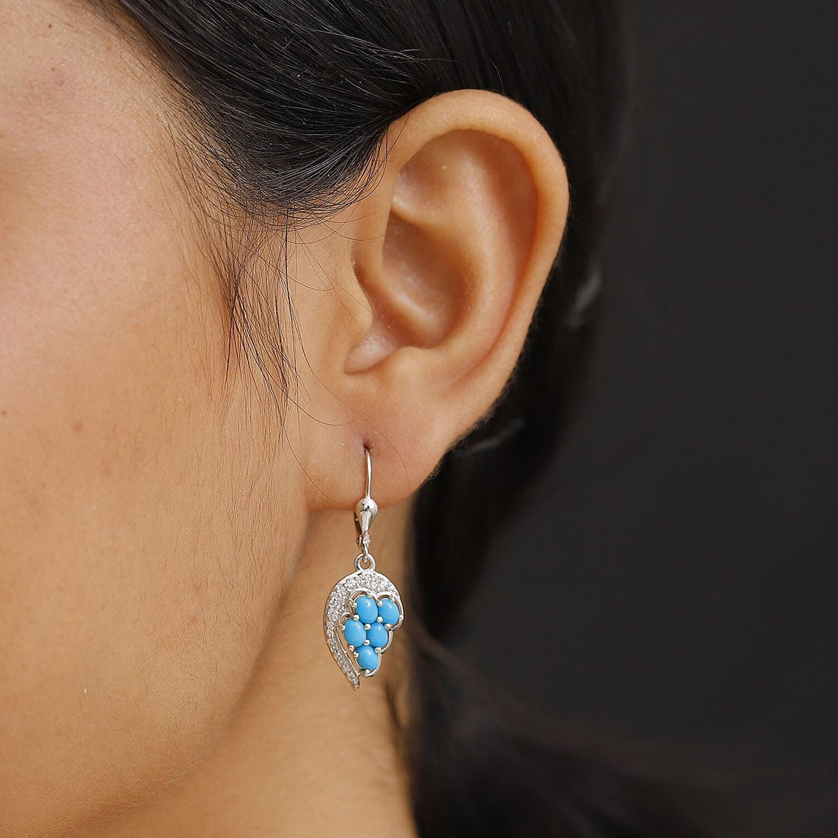 Sleeping Beauty Turquoise &amp; White Zircon Cluster Earring with Lever Back in Rhodium Overlay Sterling Silver 2.33 Ct. 8050912 3