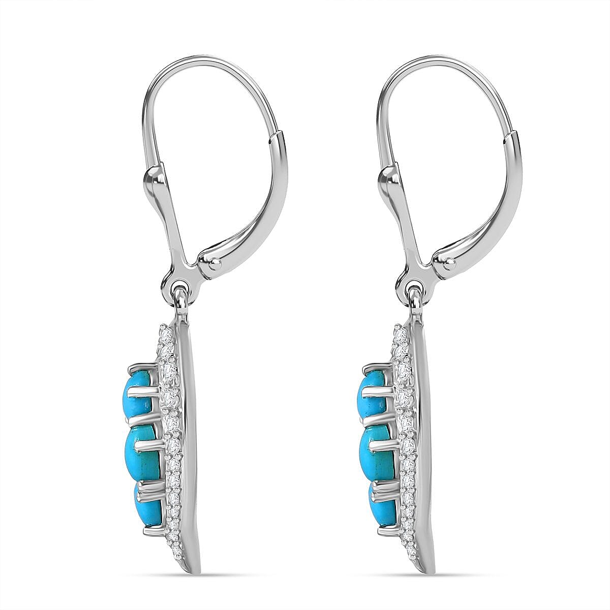 Sleeping Beauty Turquoise &amp; White Zircon Cluster Earring with Lever Back in Rhodium Overlay Sterling Silver 2.33 Ct. 8050912 4