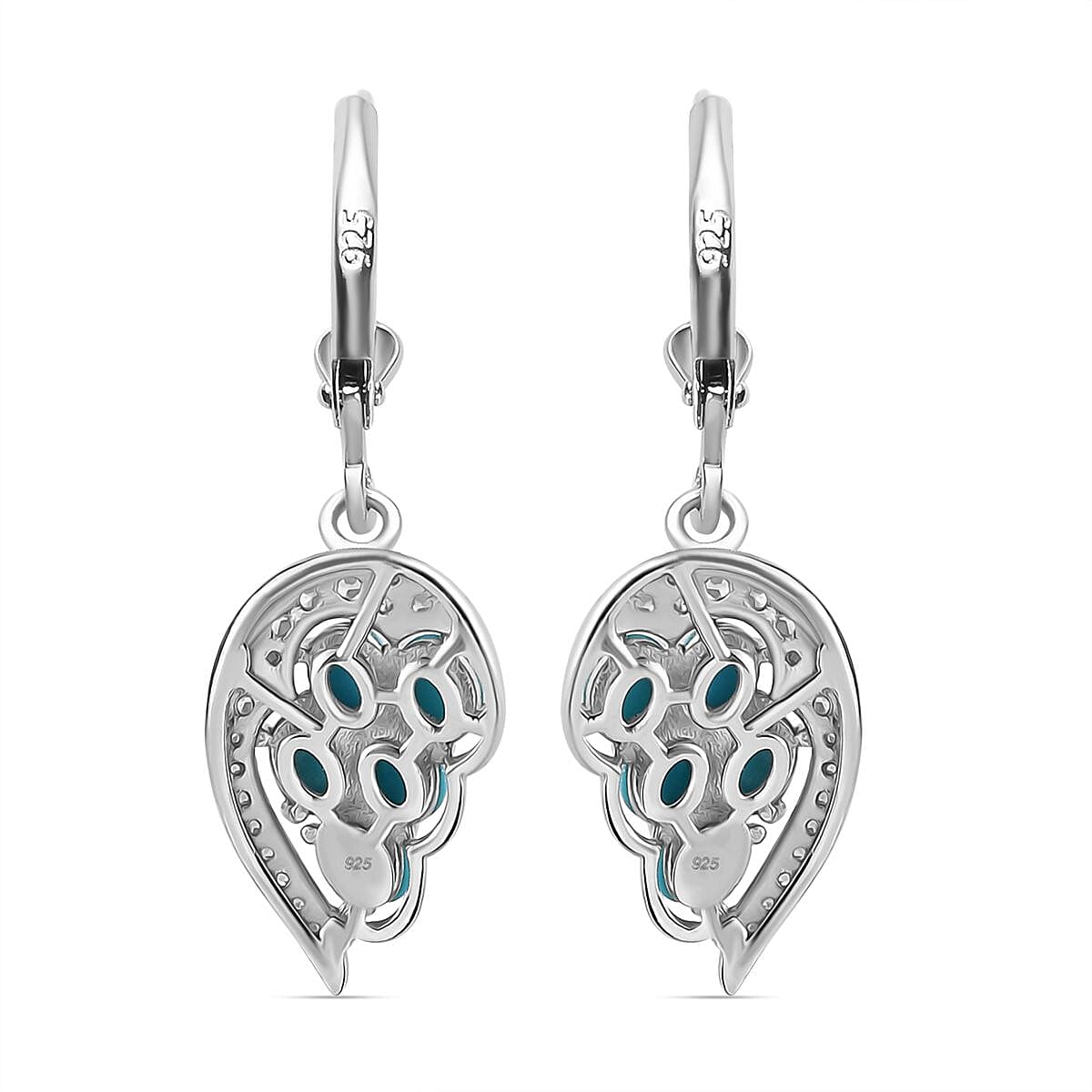 Sleeping Beauty Turquoise &amp; White Zircon Cluster Earring with Lever Back in Rhodium Overlay Sterling Silver 2.33 Ct. 8050912 5