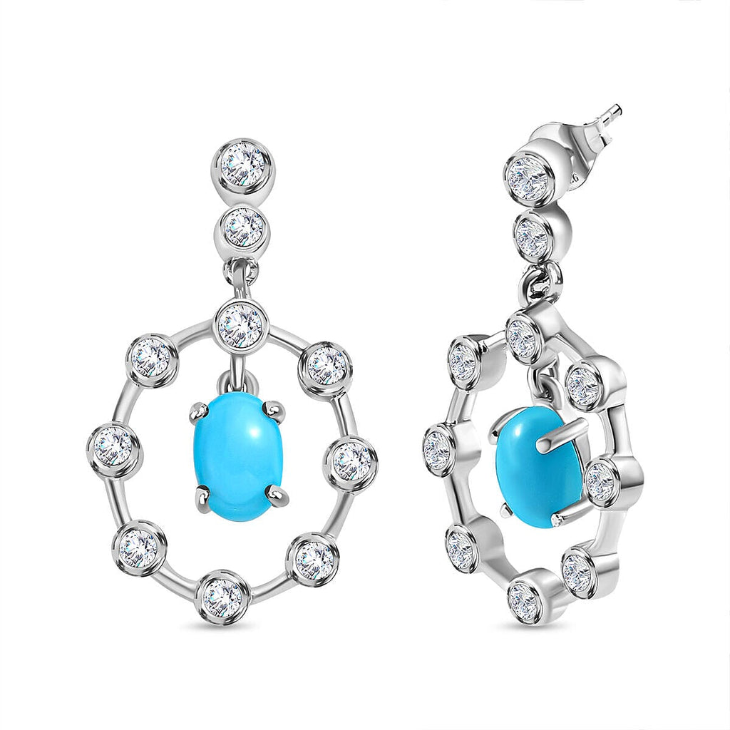 Arizona Sleeping Beauty Turquoise and Natural Zircon Dangle Earrings in Platinum Overlay Sterling Silver 1.70 Ct.