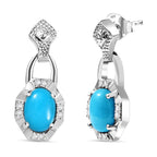 Sleeping Beauty Turquoise & White Zircon Dangling Push Back Earrings in Rhodium Overlay Sterling Silver 1.63 Ct.