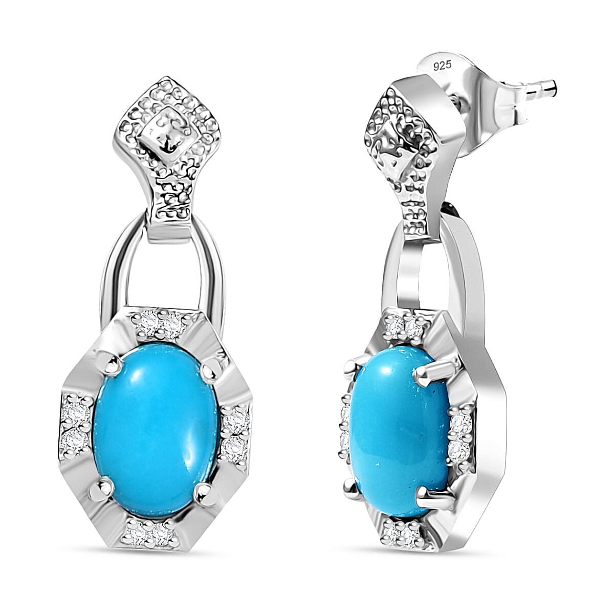 Sleeping Beauty Turquoise &amp; White Zircon Dangling Push Back Earrings in Rhodium Overlay Sterling Silver 1.63 Ct. 8054917 0