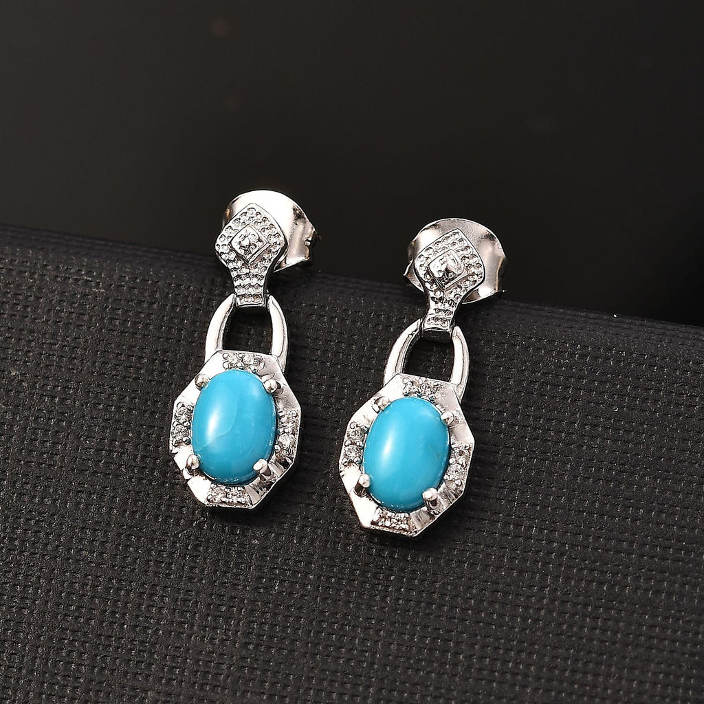 Sleeping Beauty Turquoise & White Zircon Dangling Push Back Earrings in Rhodium Overlay Sterling Silver 1.63 Ct.