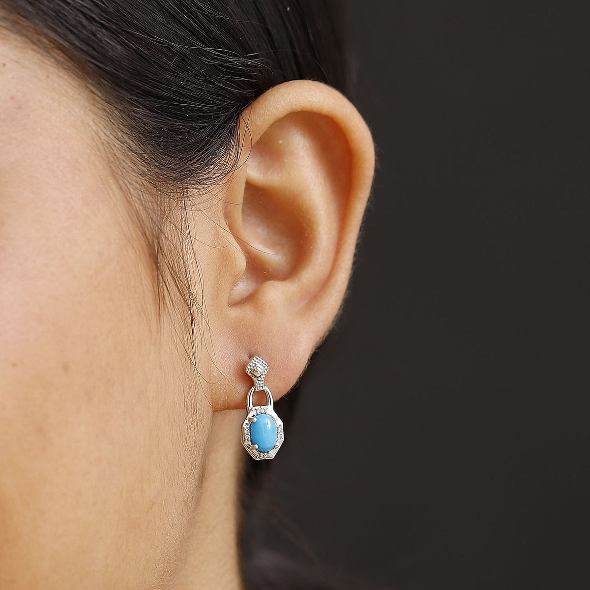 Sleeping Beauty Turquoise &amp; White Zircon Dangling Push Back Earrings in Rhodium Overlay Sterling Silver 1.63 Ct. 8054917 3