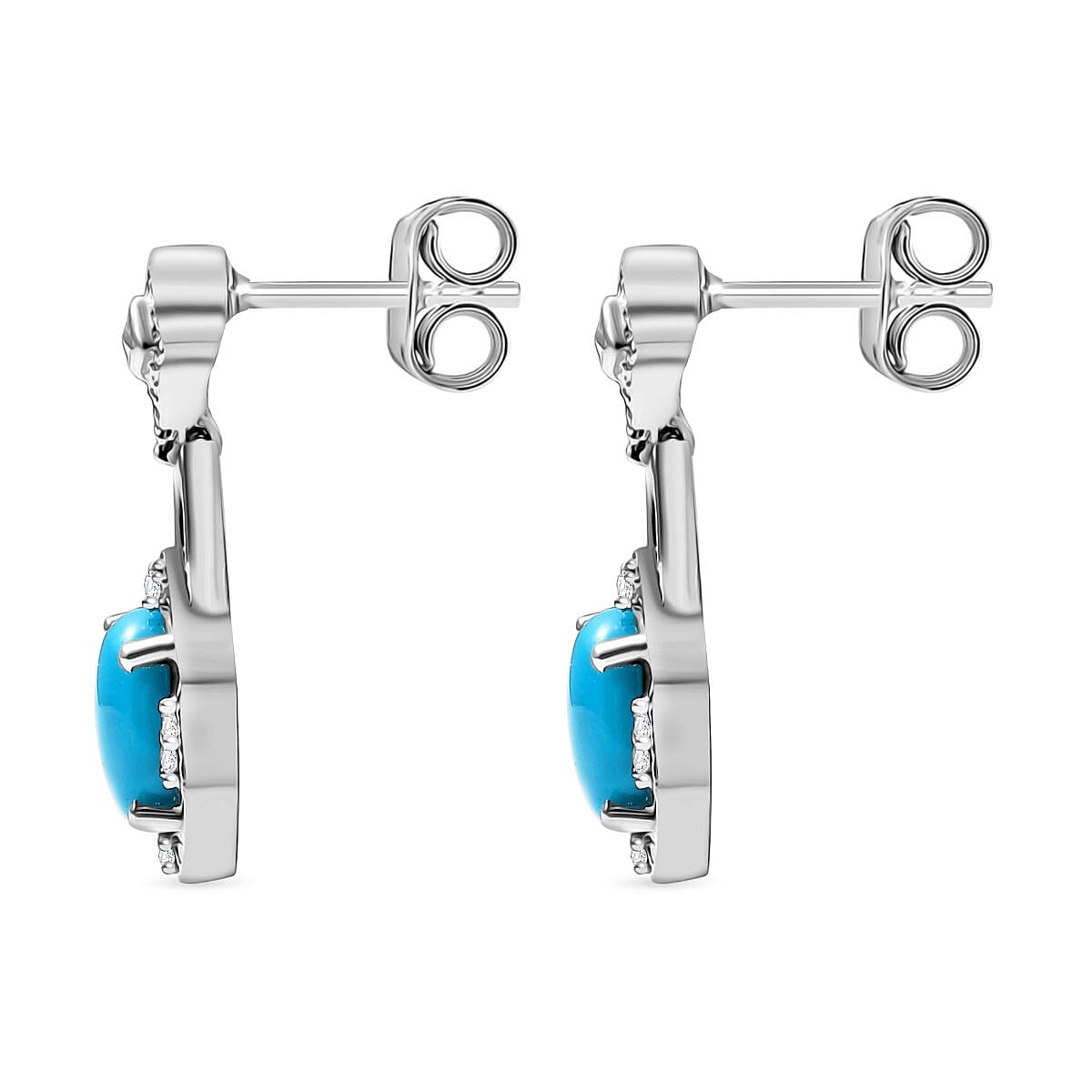 Sleeping Beauty Turquoise &amp; White Zircon Dangling Push Back Earrings in Rhodium Overlay Sterling Silver 1.63 Ct. 8054917 4