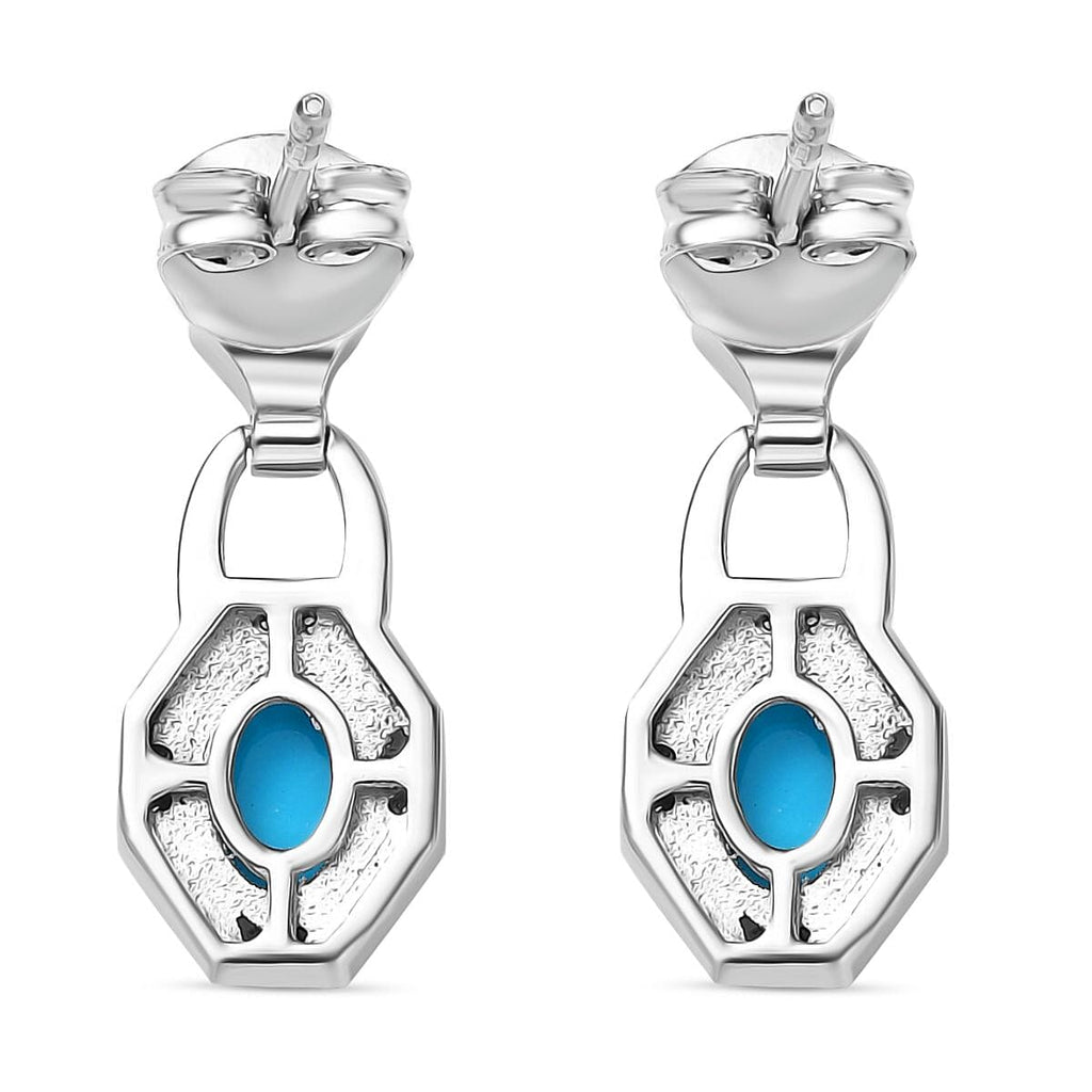Sleeping Beauty Turquoise & White Zircon Dangling Push Back Earrings in Rhodium Overlay Sterling Silver 1.63 Ct.