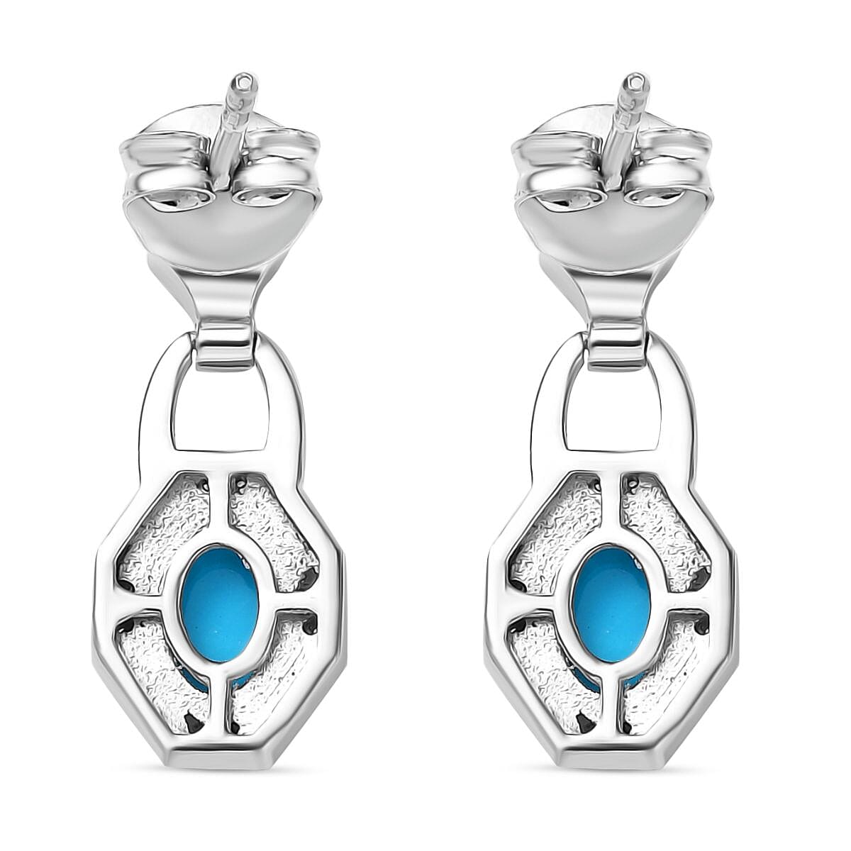 Sleeping Beauty Turquoise &amp; White Zircon Dangling Push Back Earrings in Rhodium Overlay Sterling Silver 1.63 Ct. 8054917 5