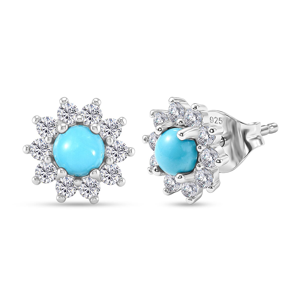 Sleeping Beauty Turquoise &amp; White Zircon Cluster Halo Earring with Push Back in Platinum Overlay Sterling Silver 1.25 Ct. 8478511 0