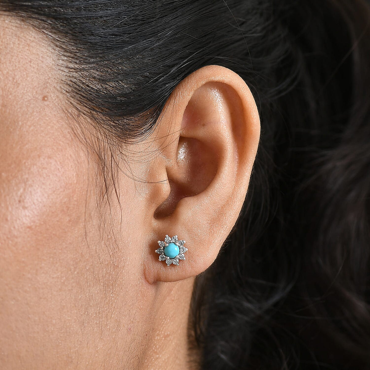 Sleeping Beauty Turquoise &amp; White Zircon Cluster Halo Earring with Push Back in Platinum Overlay Sterling Silver 1.25 Ct. 8478511 2