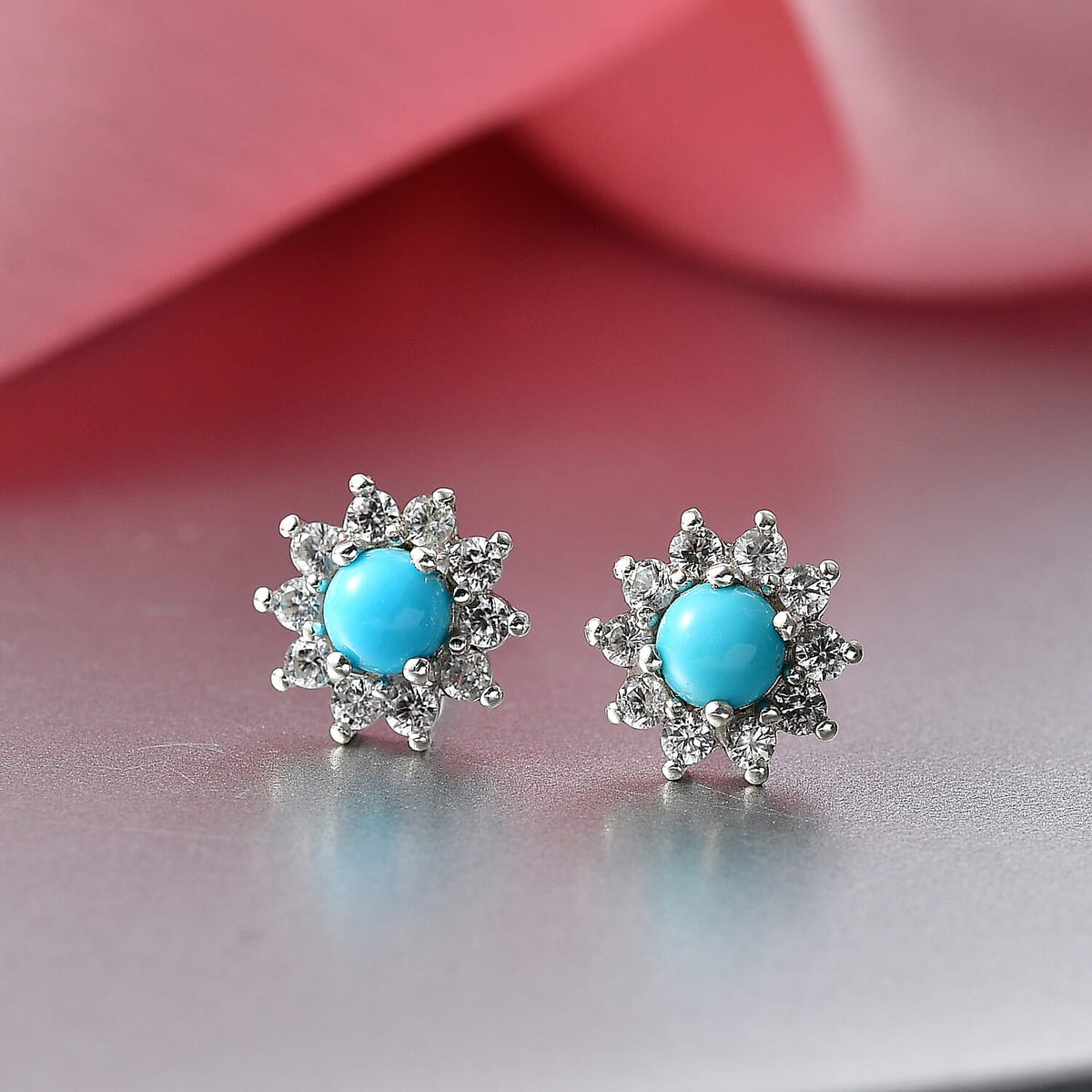 Sleeping Beauty Turquoise &amp; White Zircon Cluster Halo Earring with Push Back in Platinum Overlay Sterling Silver 1.25 Ct. 8478511 3