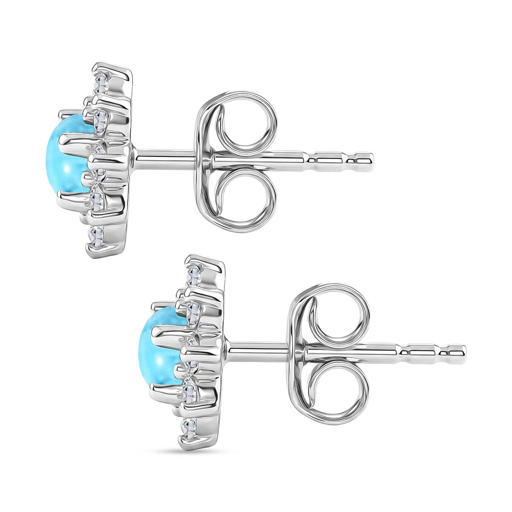 Sleeping Beauty Turquoise & White Zircon Cluster Halo Earring with Push Back in Platinum Overlay Sterling Silver 1.25 Ct.