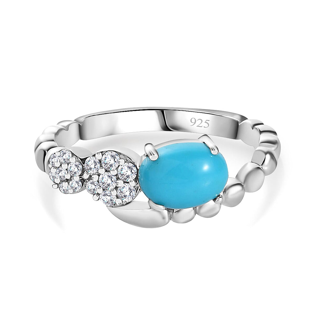 Arizona Sleeping Beauty Turquoise & Natural Zircon Ring in Platinum Overlay Sterling Silver 1.17 Ct