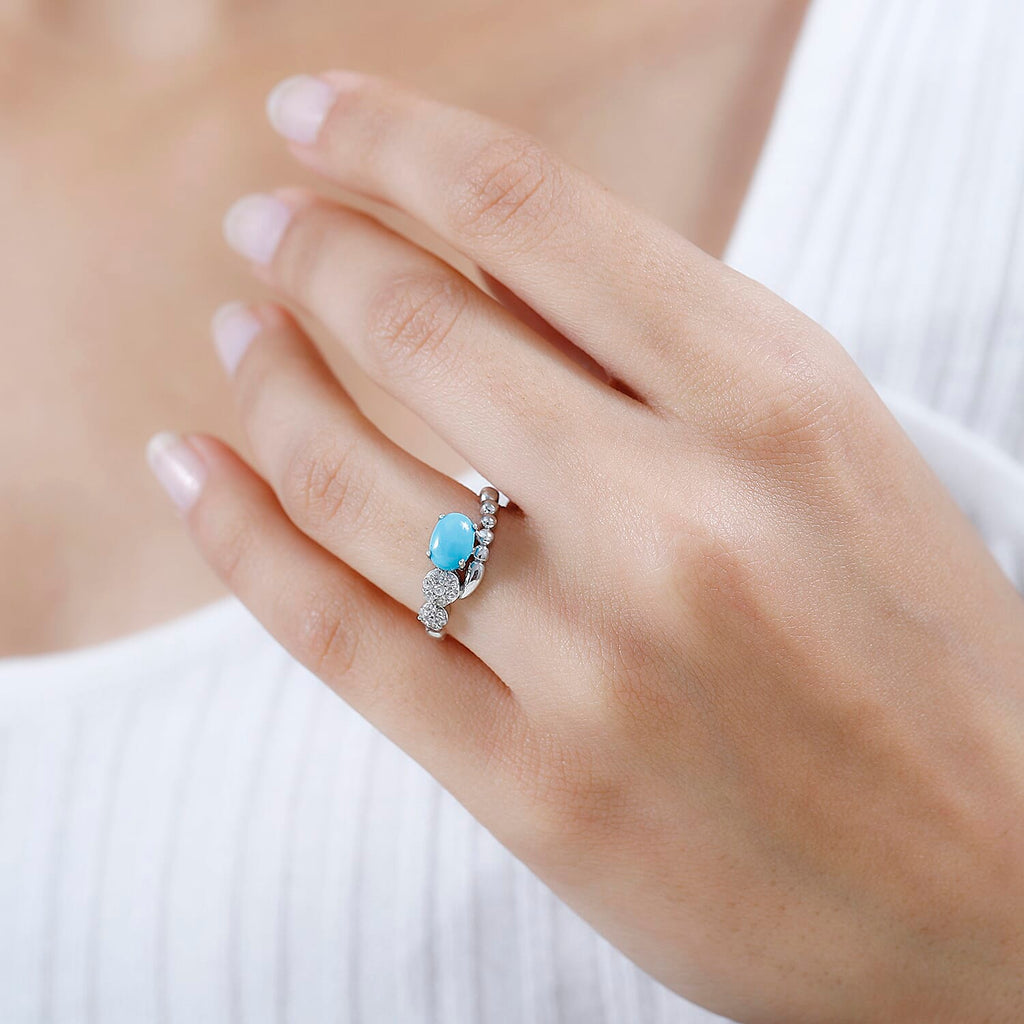 Arizona Sleeping Beauty Turquoise & Natural Zircon Ring in Platinum Overlay Sterling Silver 1.17 Ct