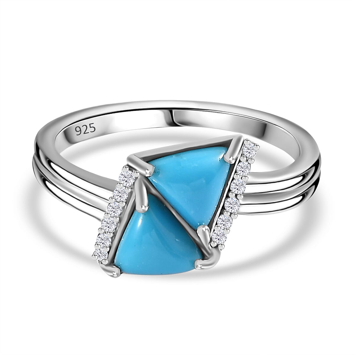 Arizona Sleeping Beauty Turquoise &amp; Natural Zircon Traiangle Ring in Platinum Overlay Sterling Silver 1.17 Ct. 7767722 0