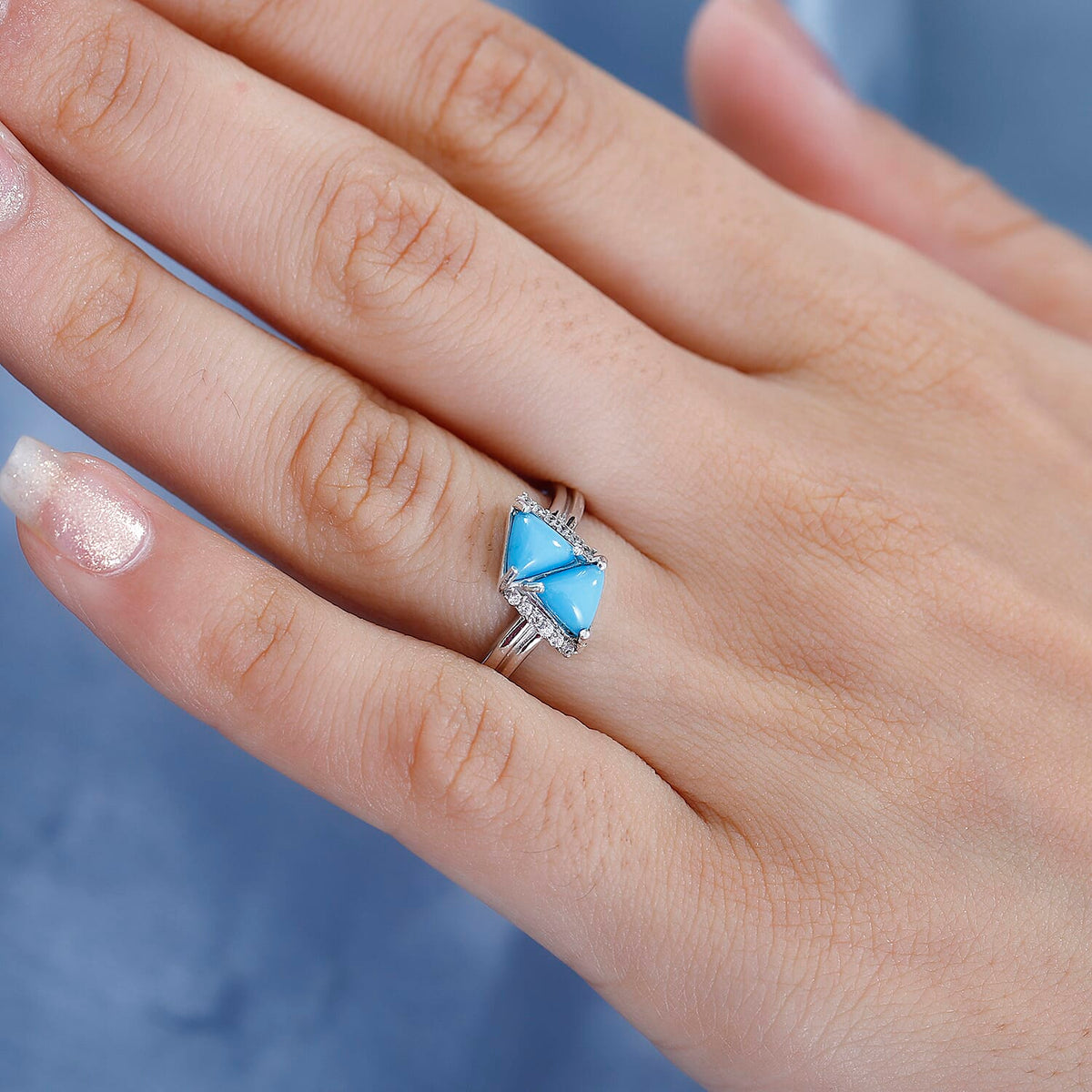Arizona Sleeping Beauty Turquoise &amp; Natural Zircon Traiangle Ring in Platinum Overlay Sterling Silver 1.17 Ct. 7767722 2