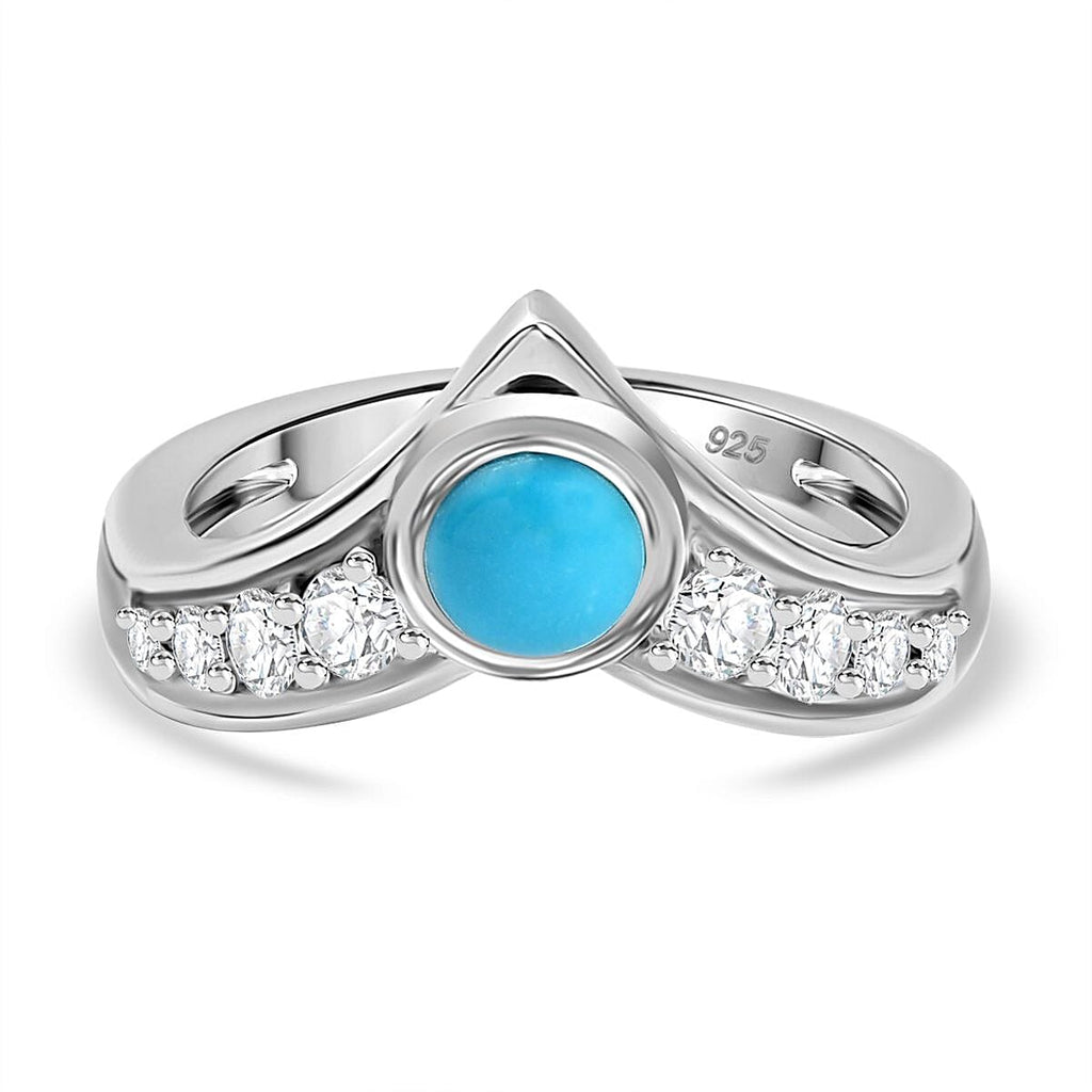 Sleeping Beauty Turquoise & White Zircon Ring in Rhodium Overlay Sterling Silver 1.15 Ct.
