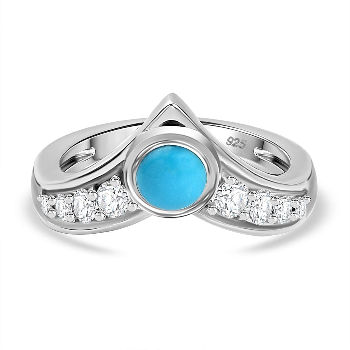 Sleeping Beauty Turquoise &amp; White Zircon Ring in Rhodium Overlay Sterling Silver 1.15 Ct. 8059008 0