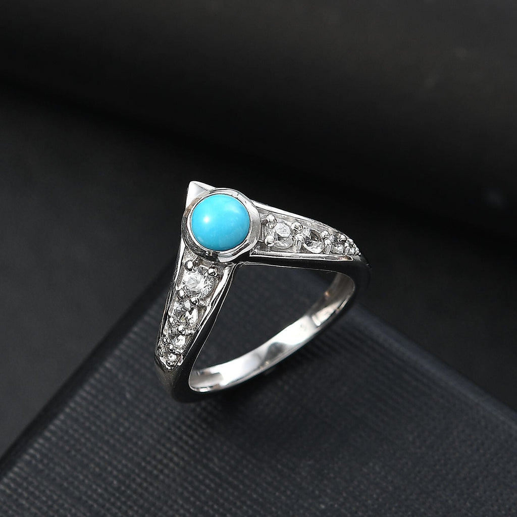 Sleeping Beauty Turquoise & White Zircon Ring in Rhodium Overlay Sterling Silver 1.15 Ct.