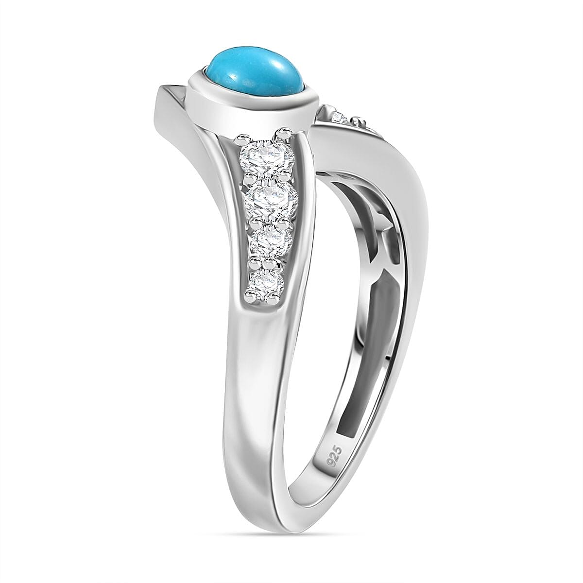 Sleeping Beauty Turquoise &amp; White Zircon Ring in Rhodium Overlay Sterling Silver 1.15 Ct. 8059008 4