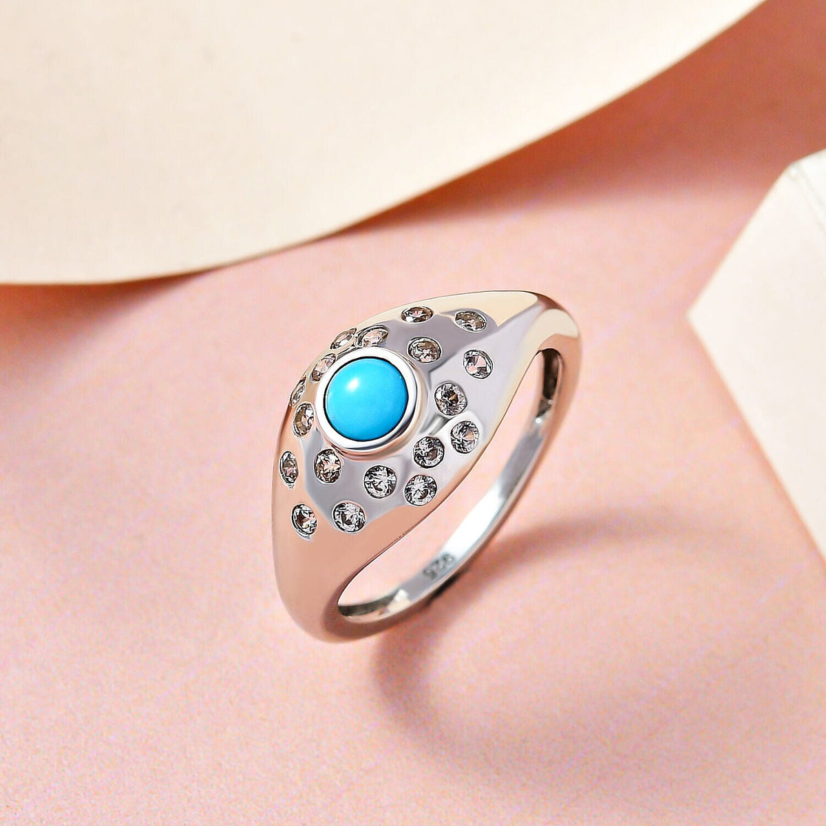 Sleeping Beauty Turquoise , White Zircon Main Stone With Side Stone Ring in Platinum Overlay Sterling Silver 7227989 2
