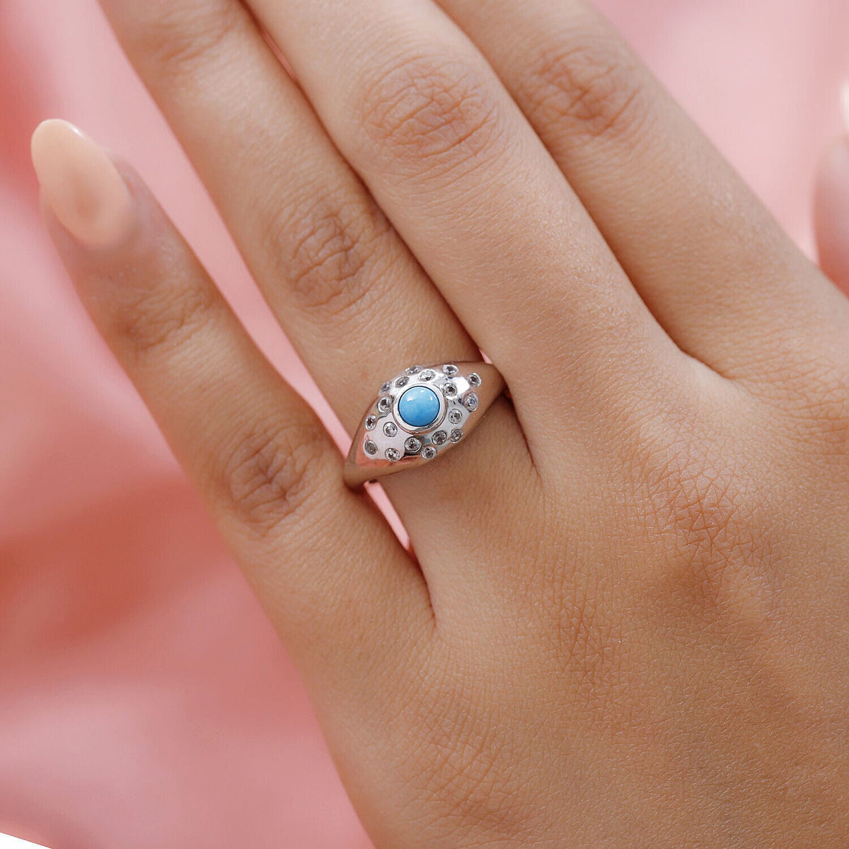 Sleeping Beauty Turquoise , White Zircon Main Stone With Side Stone Ring in Platinum Overlay Sterling Silver 7227989 3