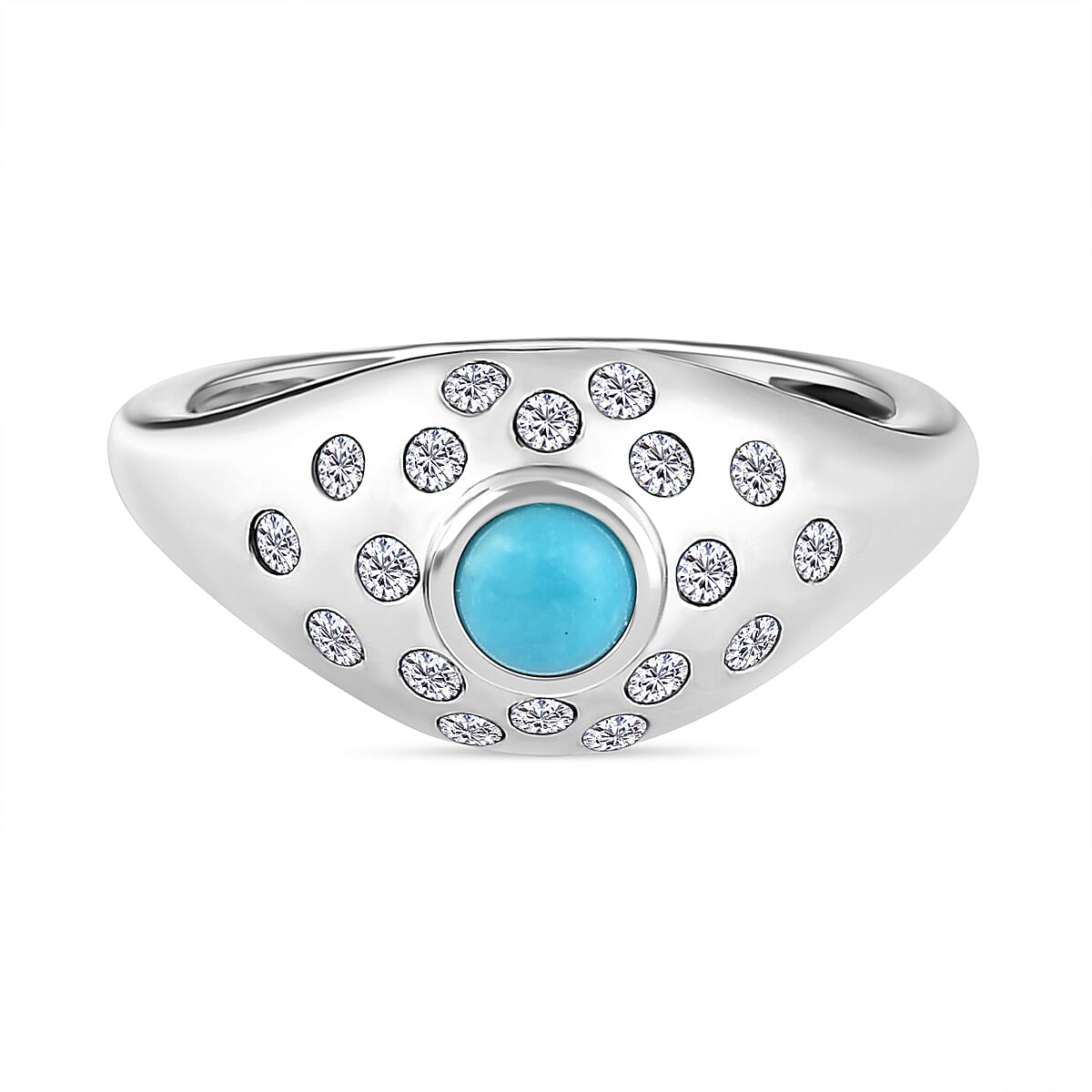 Sleeping Beauty Turquoise , White Zircon Main Stone With Side Stone Ring in Platinum Overlay Sterling Silver 7227989 7