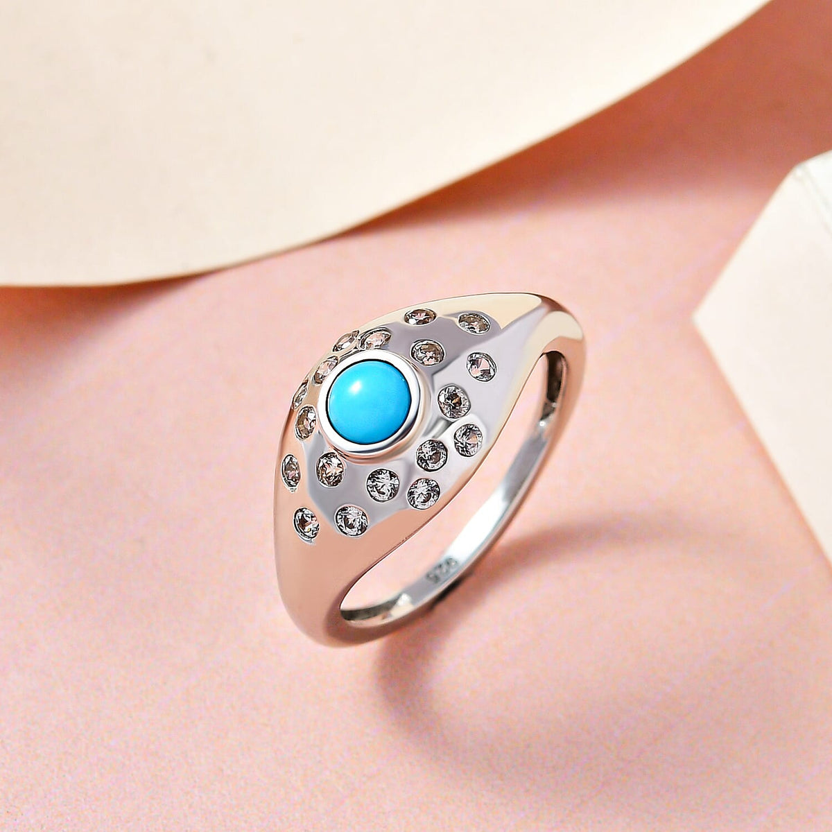 Sleeping Beauty Turquoise , White Zircon Main Stone With Side Stone Ring in Platinum Overlay Sterling Silver 7227989 8