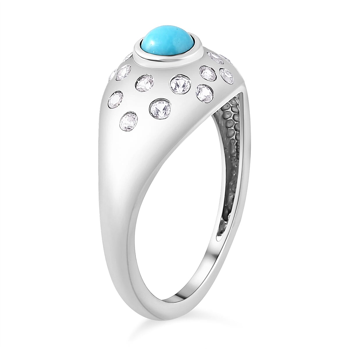 Sleeping Beauty Turquoise , White Zircon Main Stone With Side Stone Ring in Platinum Overlay Sterling Silver 7227989 10