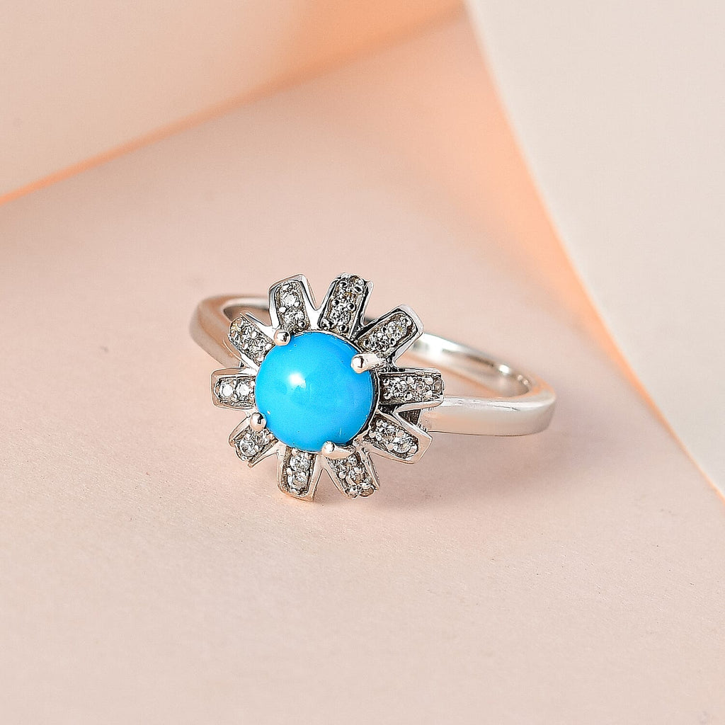 Arizona Sleeping Beauty Turquoise & Natural Zircon Ring in Platinum Overlay Sterling Silver 1.30 Ct.