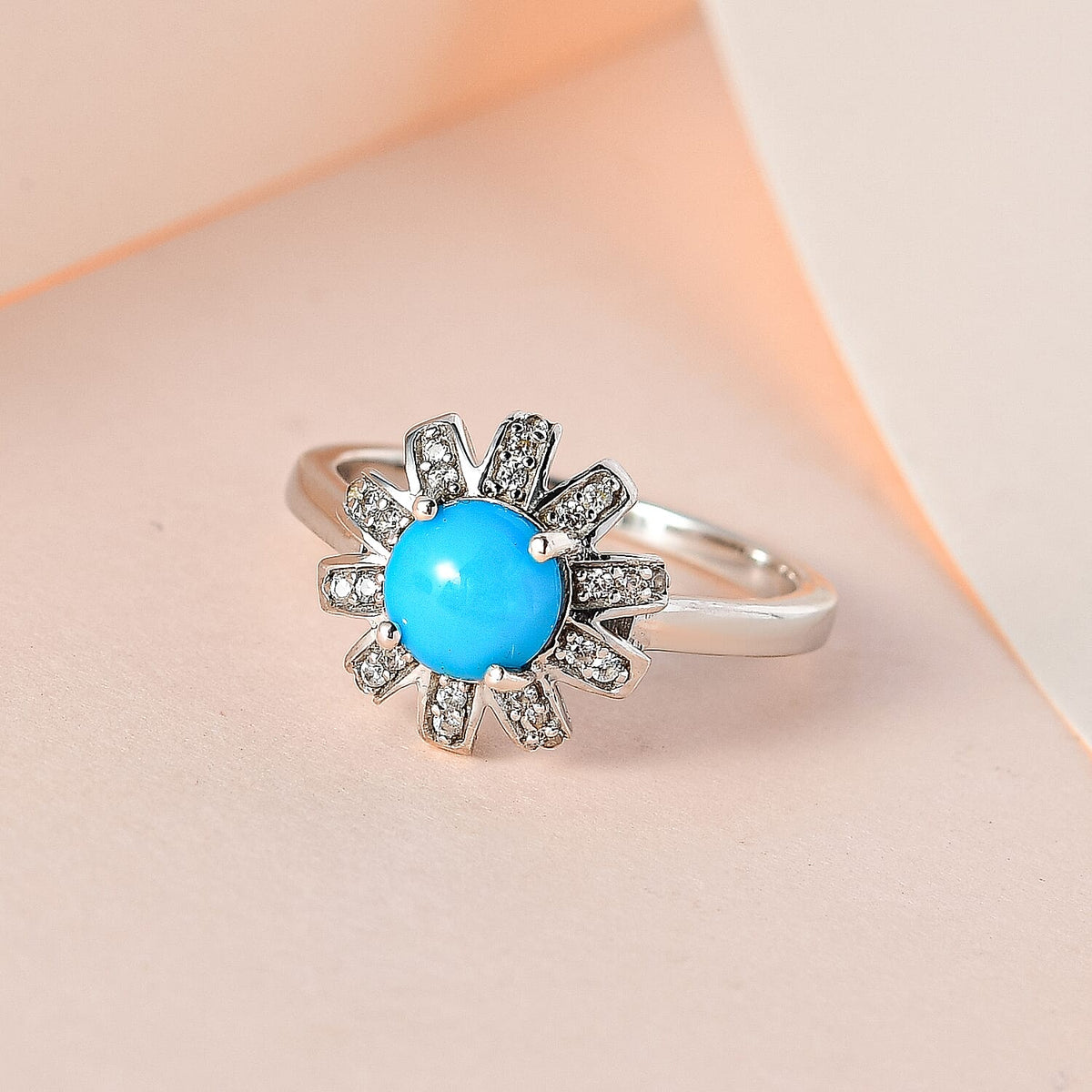Arizona Sleeping Beauty Turquoise &amp; Natural Zircon Ring in Platinum Overlay Sterling Silver 1.30 Ct. 7557249 1