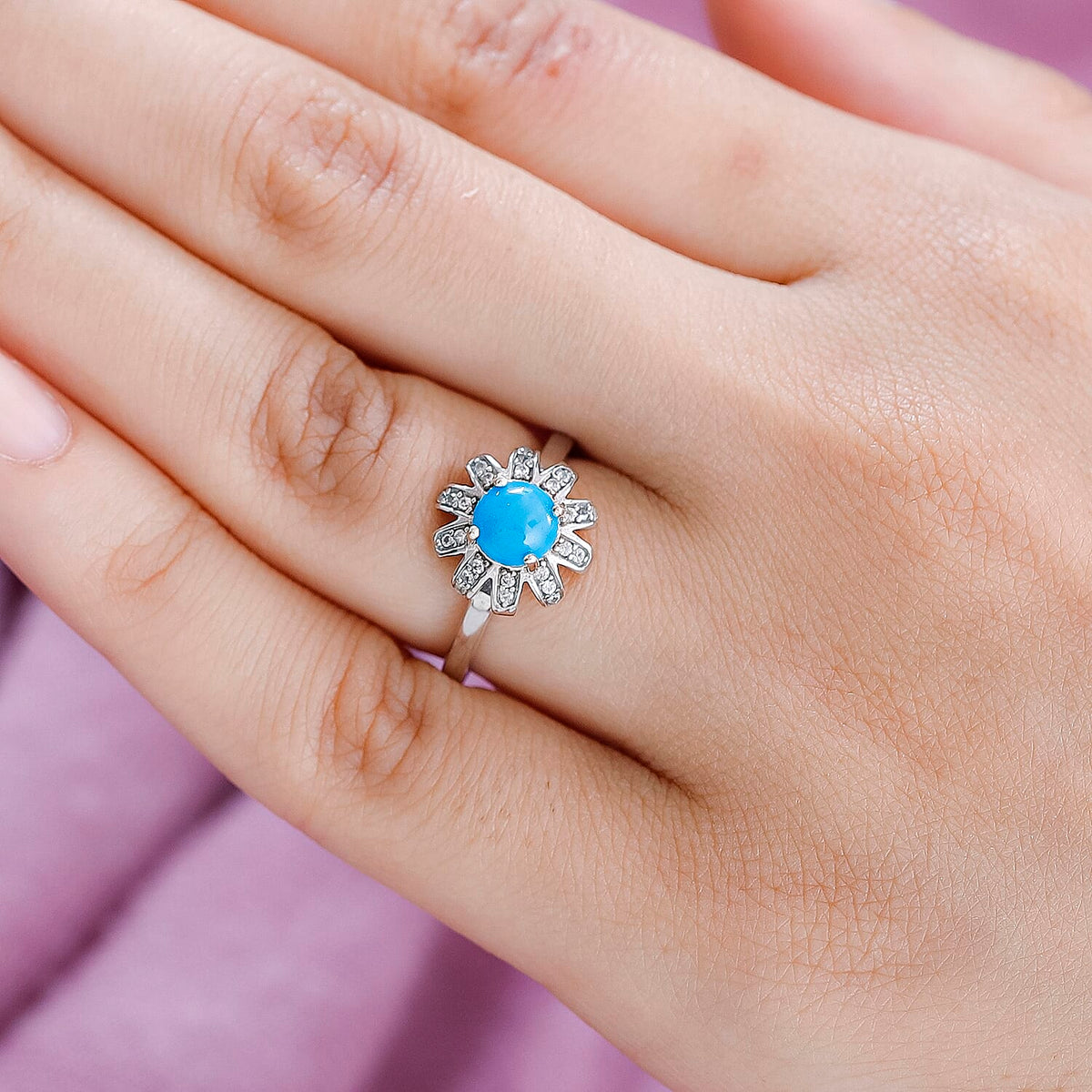 Arizona Sleeping Beauty Turquoise &amp; Natural Zircon Ring in Platinum Overlay Sterling Silver 1.30 Ct. 7557249 2