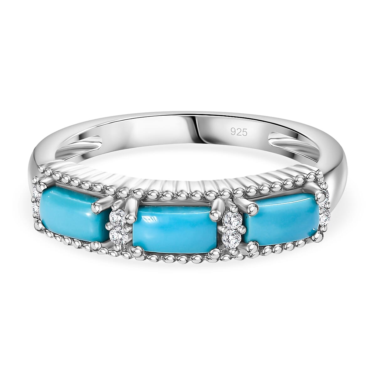 Sleeping Beauty Turquoise, White Zircon Ring in Rhodium Overlay Sterling Silver 7878874 0