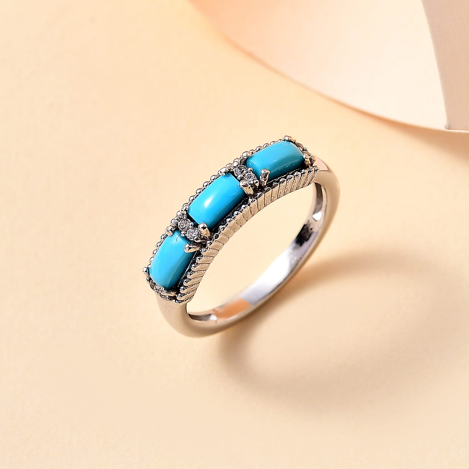 Sleeping Beauty Turquoise, White Zircon Ring in Rhodium Overlay Sterling Silver 7878874 1