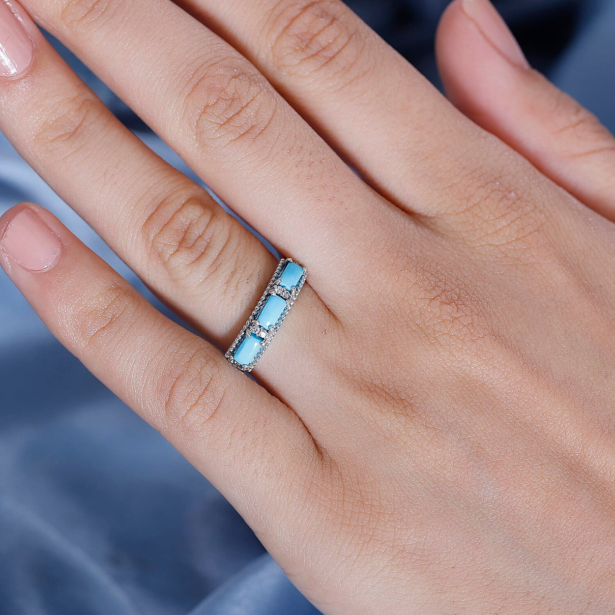 Sleeping Beauty Turquoise, White Zircon Ring in Rhodium Overlay Sterling Silver 7878874 2