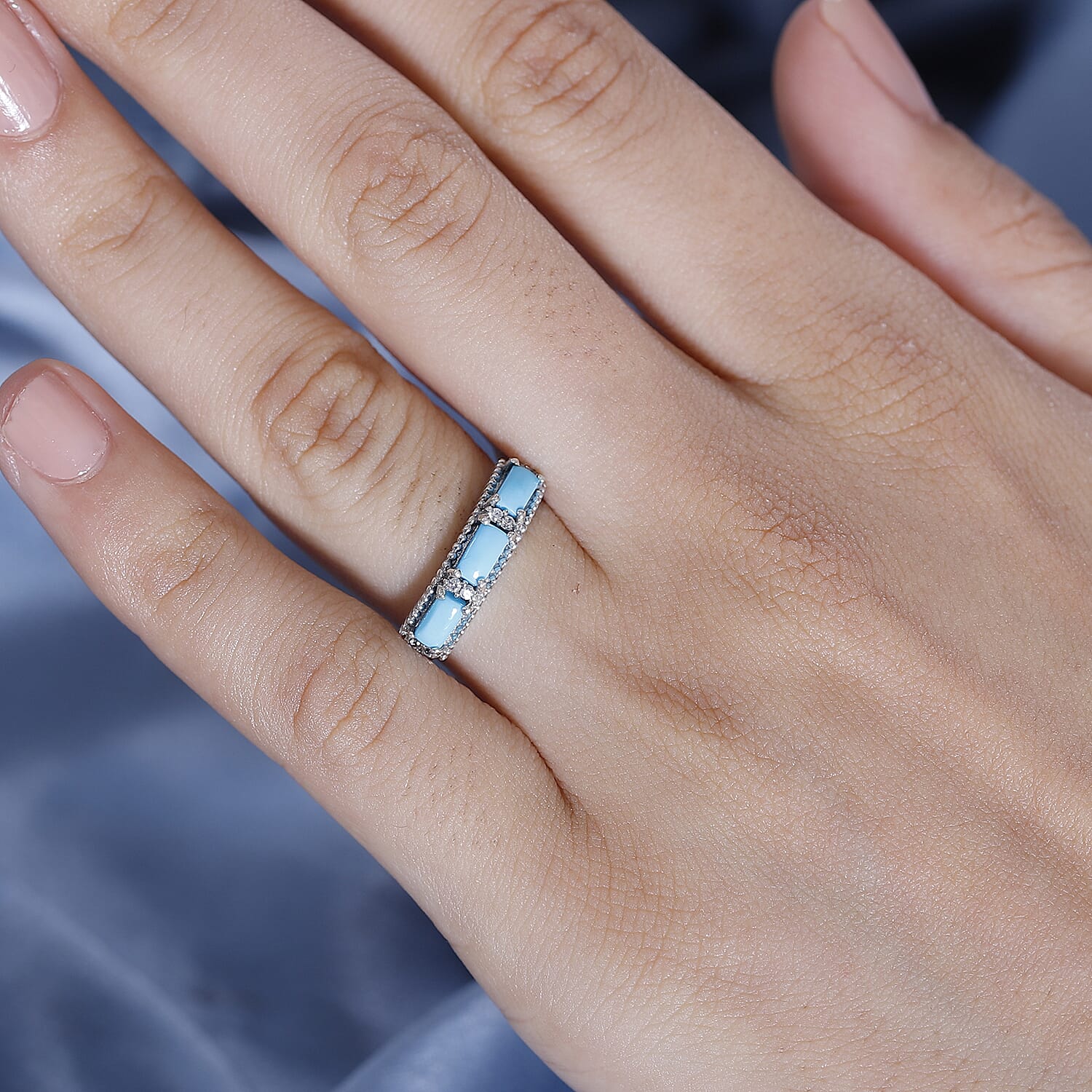 Sleeping Beauty Turquoise, White Zircon Ring in Rhodium Overlay Sterling Silver 7878874 2