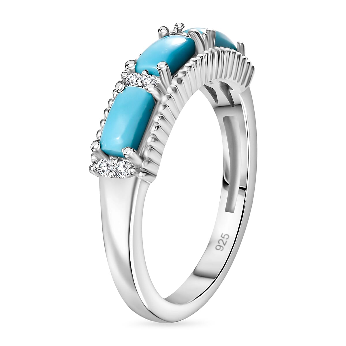 Sleeping Beauty Turquoise, White Zircon Ring in Rhodium Overlay Sterling Silver 7878874 3