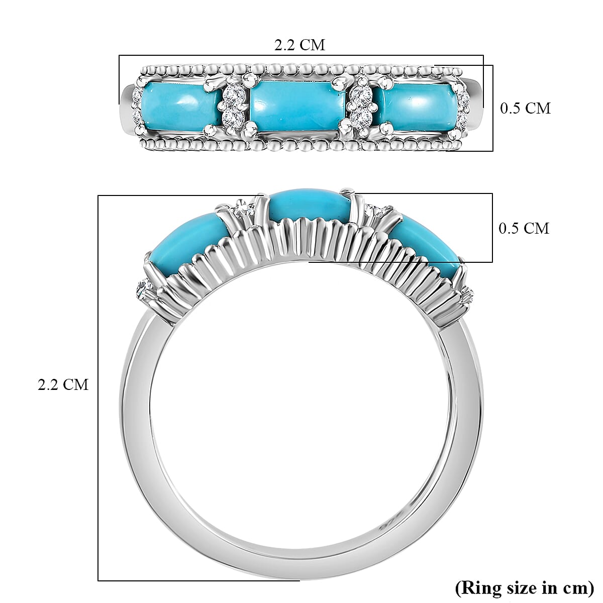 Sleeping Beauty Turquoise, White Zircon Ring in Rhodium Overlay Sterling Silver 7878874 5