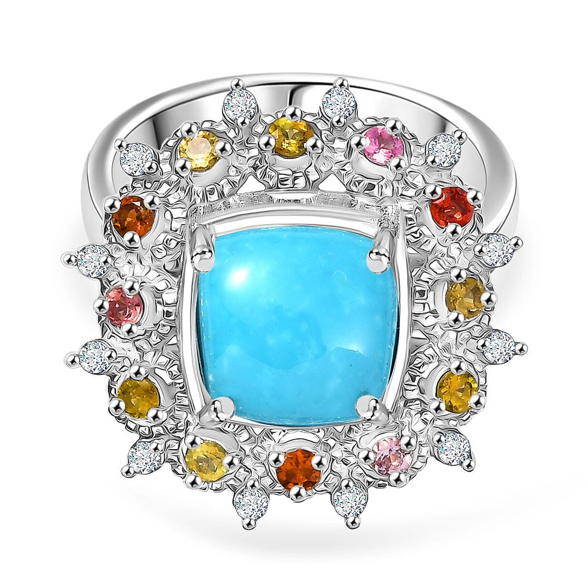 Sleeping Beauty Turquoise, White Zircon &amp; Multi-Tourmaline Cosmo  Ring in Rhodium Overlay Sterling Silver 3.28 Ct. 8132276 0