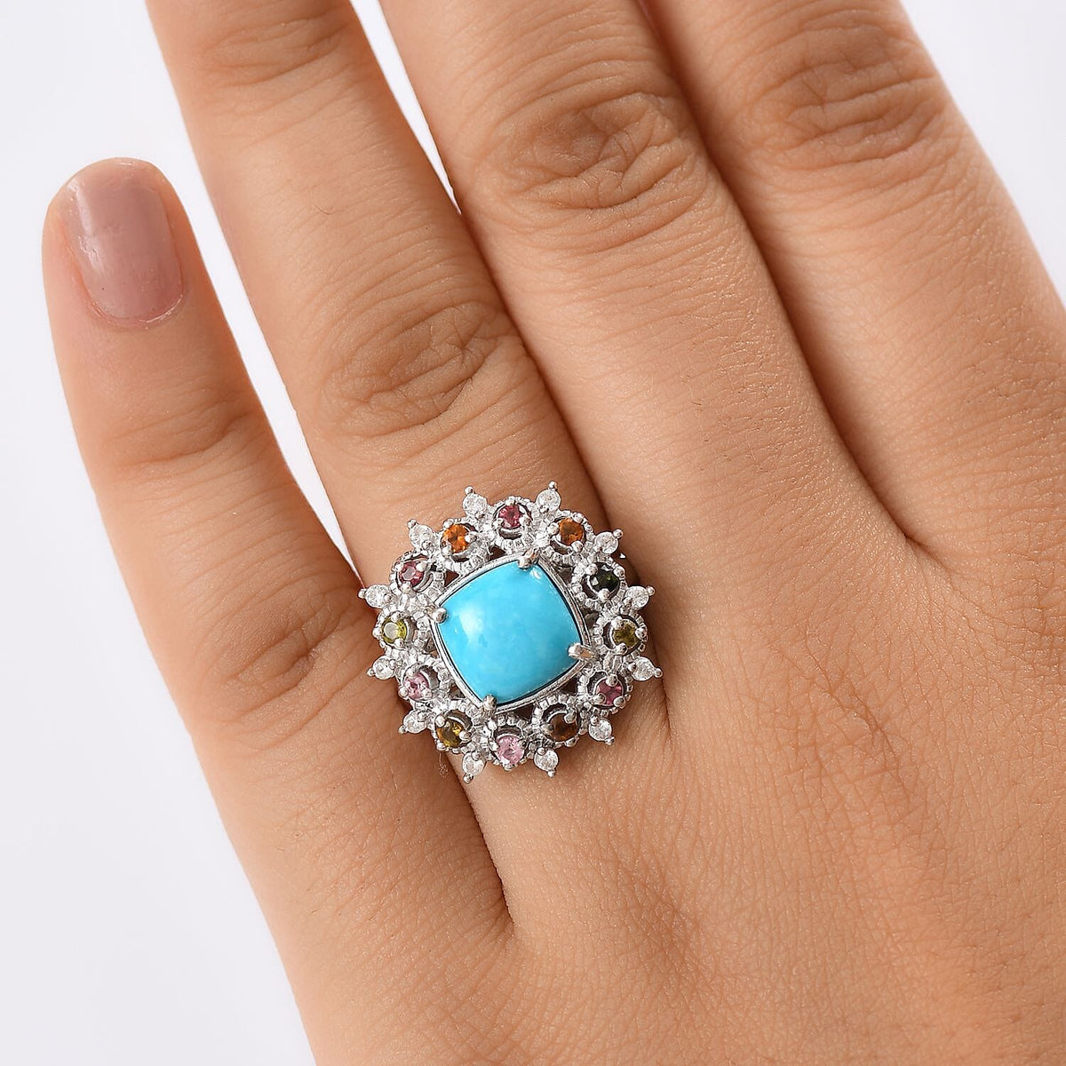 Sleeping Beauty Turquoise, White Zircon &amp; Multi-Tourmaline Cosmo  Ring in Rhodium Overlay Sterling Silver 3.28 Ct. 8132276 3