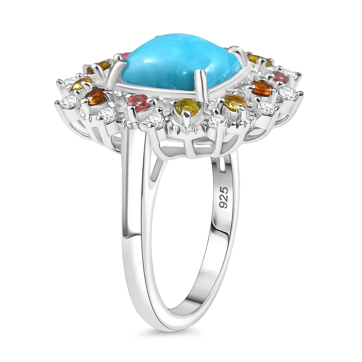 Sleeping Beauty Turquoise, White Zircon &amp; Multi-Tourmaline Cosmo  Ring in Rhodium Overlay Sterling Silver 3.28 Ct. 8132276 4
