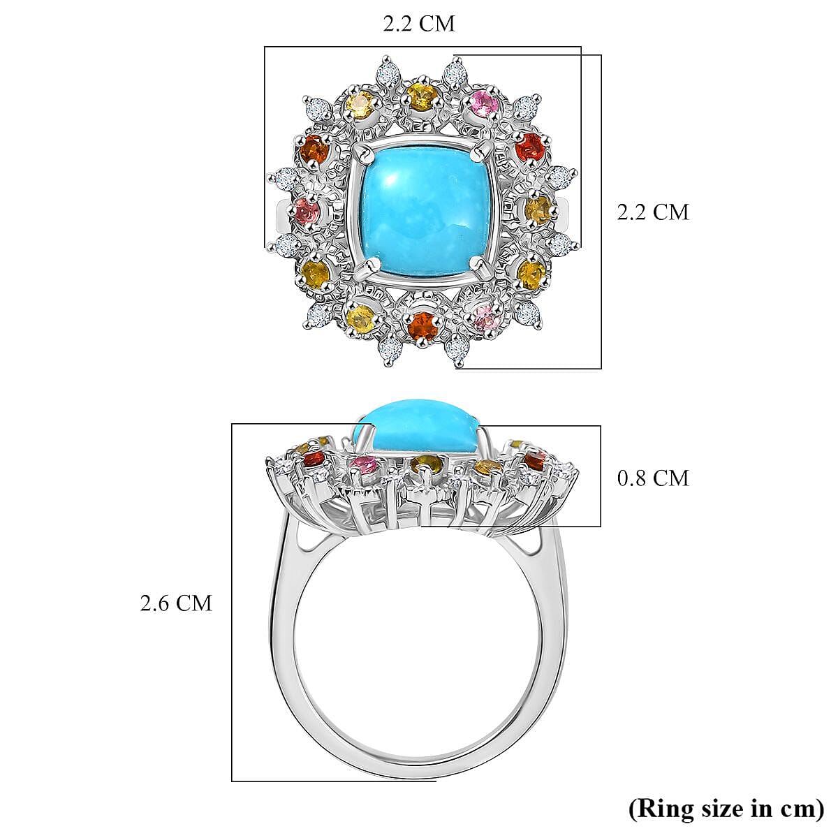 Sleeping Beauty Turquoise, White Zircon &amp; Multi-Tourmaline Cosmo  Ring in Rhodium Overlay Sterling Silver 3.28 Ct. 8132276 6
