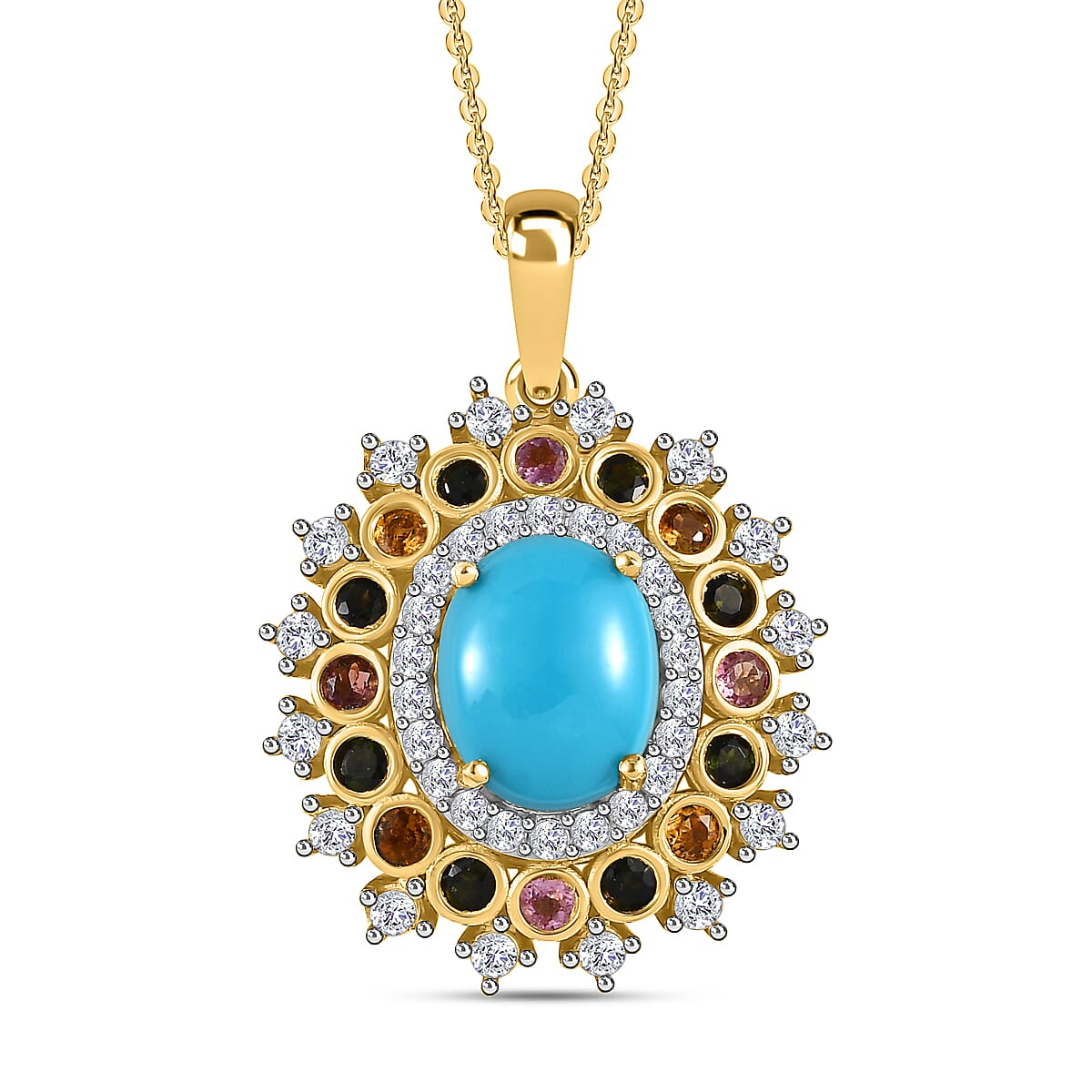 Arizona Sleeping Beauty Turquoise, Natural Zircon &amp; Multi-Tourmaline Halo Pendant with Chain (Size 20) in 18K Yellow Gold Vermeil Plated Sterling Silver 4.01 Ct, Silver Wt. 5.51 Gms 4174653 0