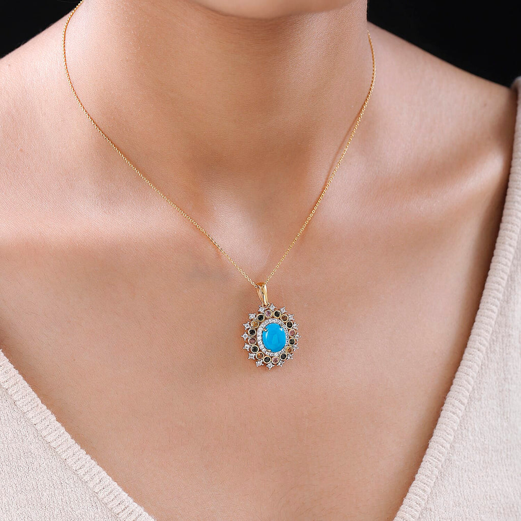 Arizona Sleeping Beauty Turquoise, Natural Zircon & Multi-Tourmaline Halo Pendant with Chain (Size 20) in 18K Yellow Gold Vermeil Plated Sterling Silver 4.01 Ct, Silver Wt. 5.51 Gms