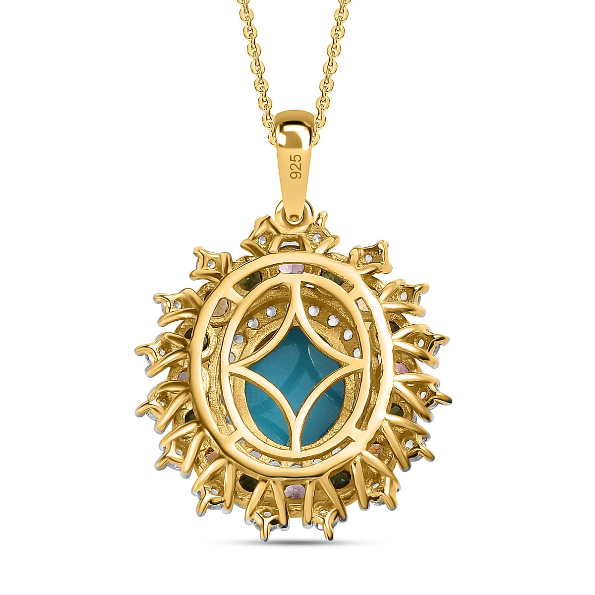 Arizona Sleeping Beauty Turquoise, Natural Zircon &amp; Multi-Tourmaline Halo Pendant with Chain (Size 20) in 18K Yellow Gold Vermeil Plated Sterling Silver 4.01 Ct, Silver Wt. 5.51 Gms 4174653 4