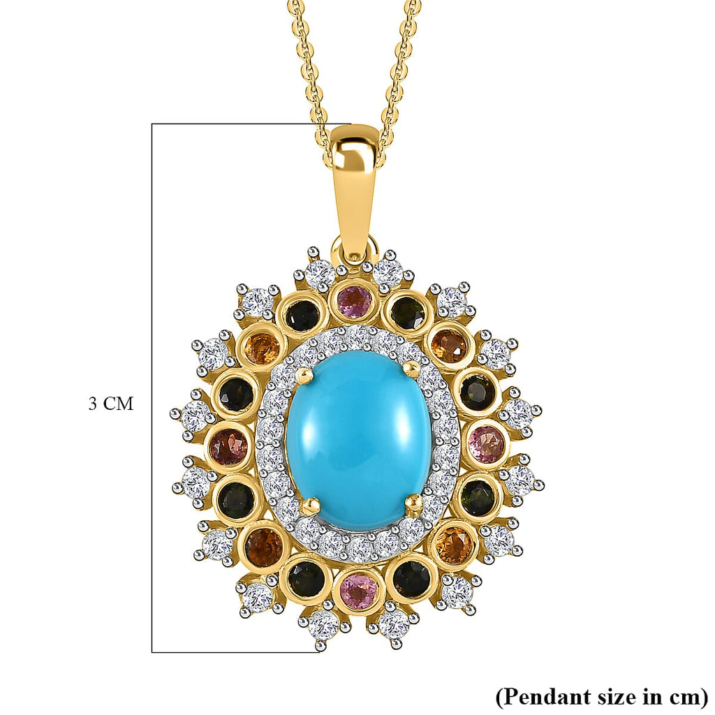 Arizona Sleeping Beauty Turquoise, Natural Zircon & Multi-Tourmaline Halo Pendant with Chain (Size 20) in 18K Yellow Gold Vermeil Plated Sterling Silver 4.01 Ct, Silver Wt. 5.51 Gms
