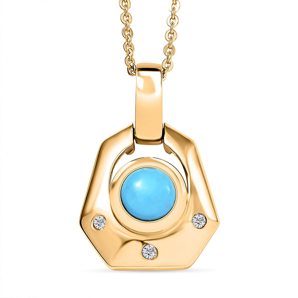 Sleeping Beauty Turquoise & White Zircon Pendant with Chain (Size 20) in 14K Yellow Gold Plating Sterling Silver