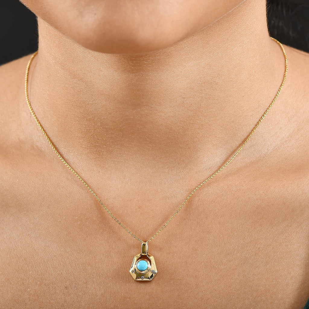 Sleeping Beauty Turquoise & White Zircon Pendant with Chain (Size 20) in 14K Yellow Gold Plating Sterling Silver