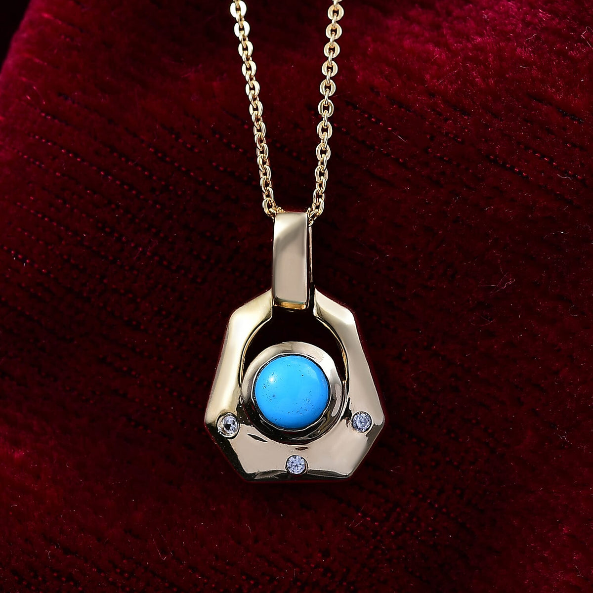 Sleeping Beauty Turquoise &amp; White Zircon Pendant with Chain (Size 20) in 14K Yellow Gold Plating Sterling Silver 4405705 3