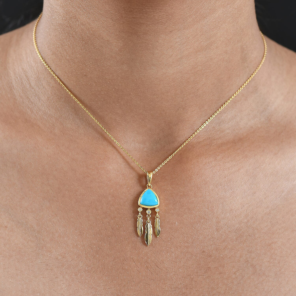 D'Joy Sleeping Beauty Turquoise &amp; White Zircon Pendant with Chain (Size 20) in 18K Yellow Gold Plating Sterling Silver 1.82 Ct. 4426311 1